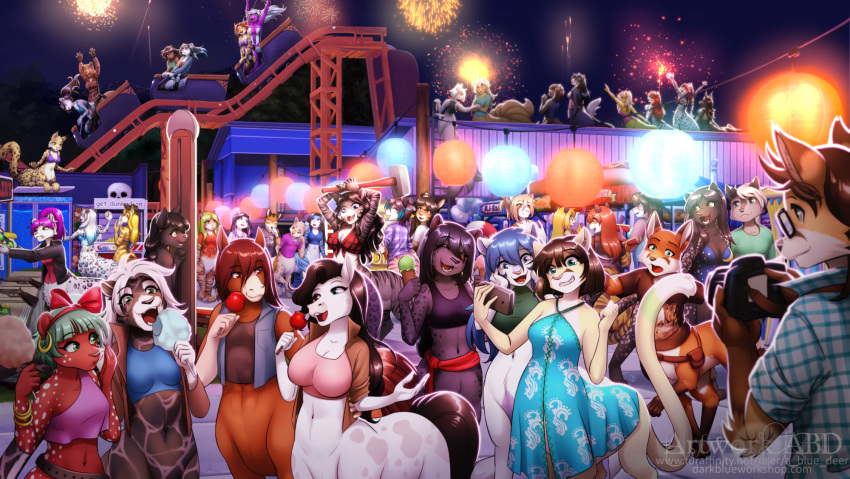 abluedeer amusement_ride blue_hair breasts candy canid canid_taur canine canine_taur chakat clothing cotton_candy dessert dress equid equid_taur equine equine_taur felid felid_taur female food fox fox_taur fur group hair hi_res horse horse_taur male mammal mammal_taur navel night purple_hair roller_coaster shirt tank_top taur topwear white_body white_fur