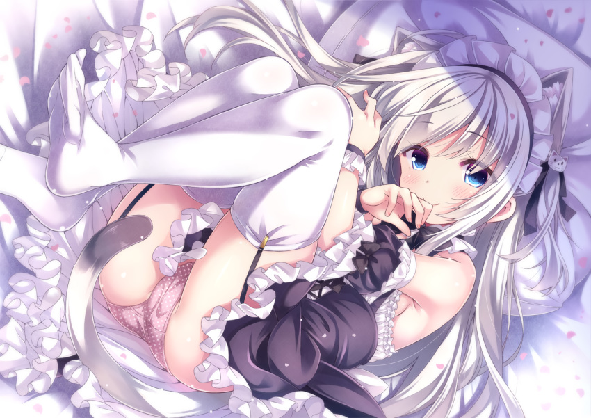 animal_ears aqua_eyes bed catgirl gray_hair headband long_hair maid original panties ryo skirt_lift stockings tail underwear