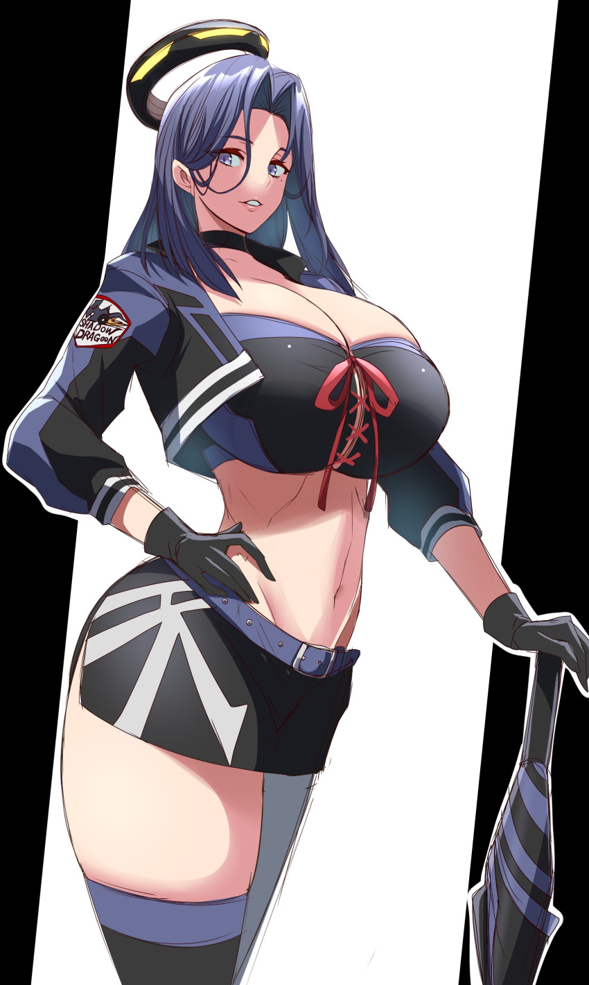 1girl absurdres black_choker black_gloves black_skirt breasts choker cleavage collarbone cropped_jacket gloves hand_on_hip highres huge_breasts jacket kantai_collection kloah looking_at_viewer mechanical_halo medium_hair midriff parted_lips purple_belt purple_eyes purple_hair race_queen remodel_(kantai_collection) sketch skirt solo tatsuta_(kantai_collection) thighhighs