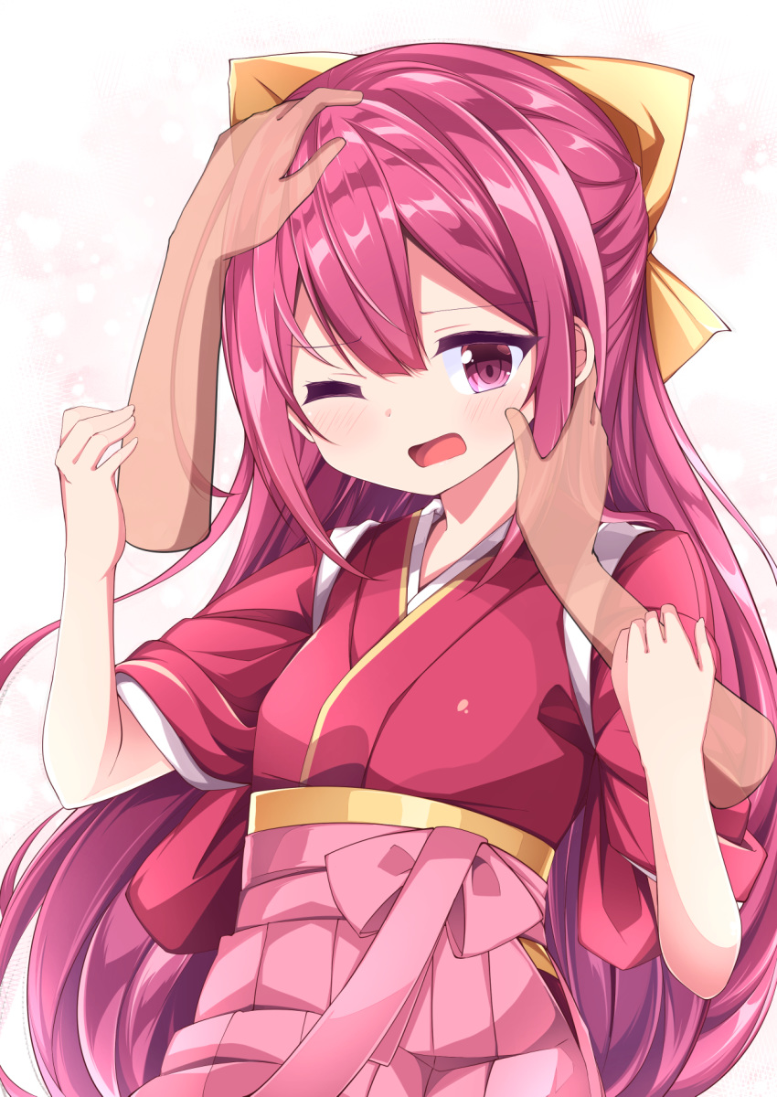 1girl acchii_(akina) blush eyebrows_visible_through_hair hair_between_eyes hair_ribbon hakama highres japanese_clothes kamikaze_(kantai_collection) kantai_collection kimono long_hair long_sleeves male_hand meiji_schoolgirl_uniform one_eye_closed open_mouth pink_hakama purple_eyes purple_hair red_kimono ribbon solo wide_sleeves yellow_ribbon