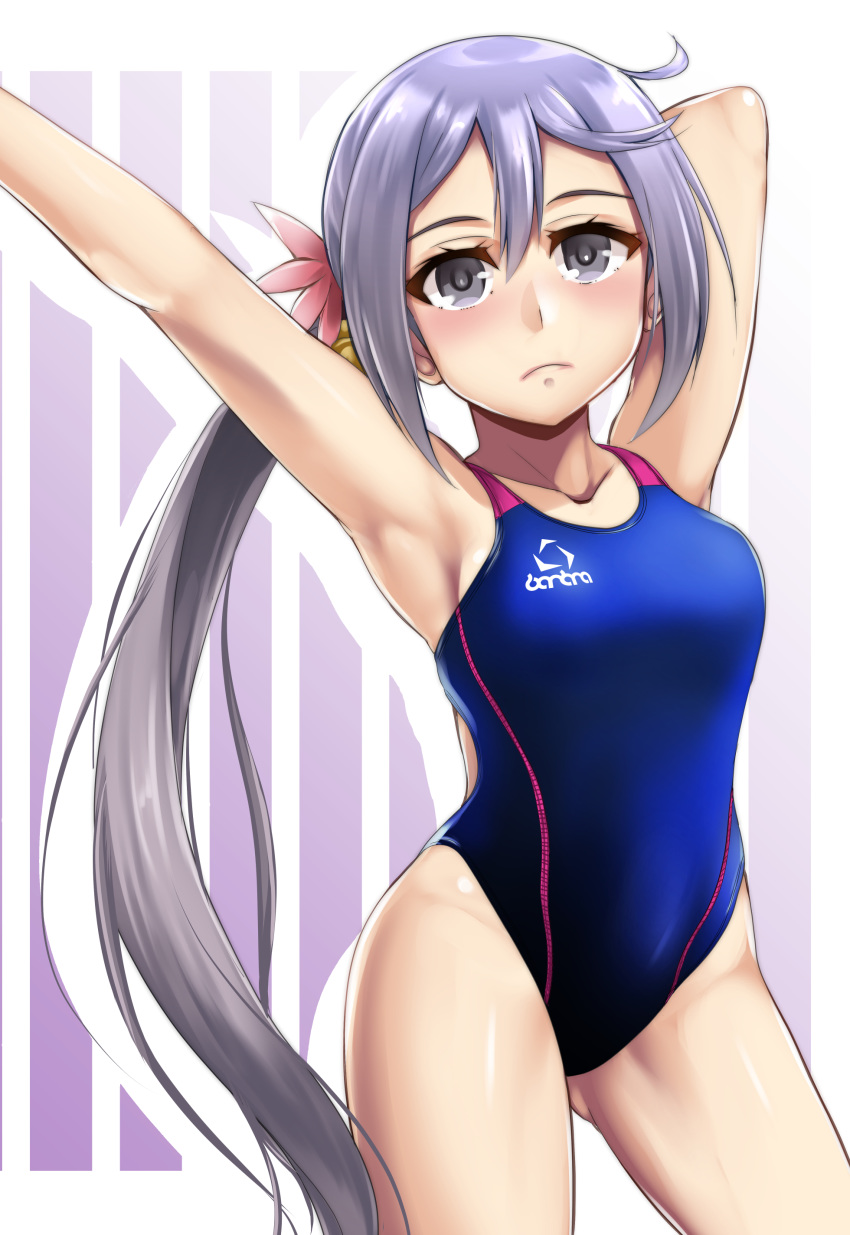 1girl absurdres akebono_(kantai_collection) armpits arms_up bell blue_swimsuit breasts collarbone competition_swimsuit cowboy_shot flower hair_bell hair_flower hair_ornament highres jingle_bell kantai_collection long_hair looking_at_viewer one-piece_swimsuit purple_background purple_eyes purple_hair shadow side_ponytail small_breasts solo standing stretch swimsuit two-tone_background very_long_hair white_background yellow_quokka