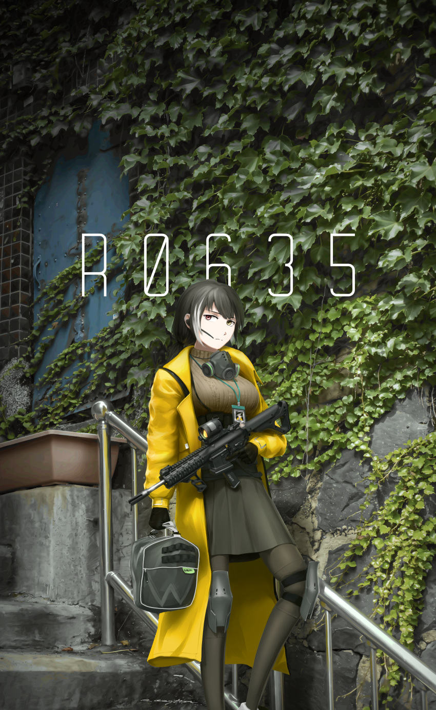 1girl absurdres adapted_costume bag black_gloves black_hair breasts coat earpiece english_commentary gas_mask girls_frontline gloves heterochromia highres huge_filesize id_card ivy knee_pads lanyard large_breasts looking_at_viewer mask_around_neck mod3_(girls_frontline) multicolored_hair outdoors overgrown red_eyes ro635 ro635_(girls_frontline) ryan_greythorn solo standing streaked_hair white_hair yellow_coat yellow_eyes
