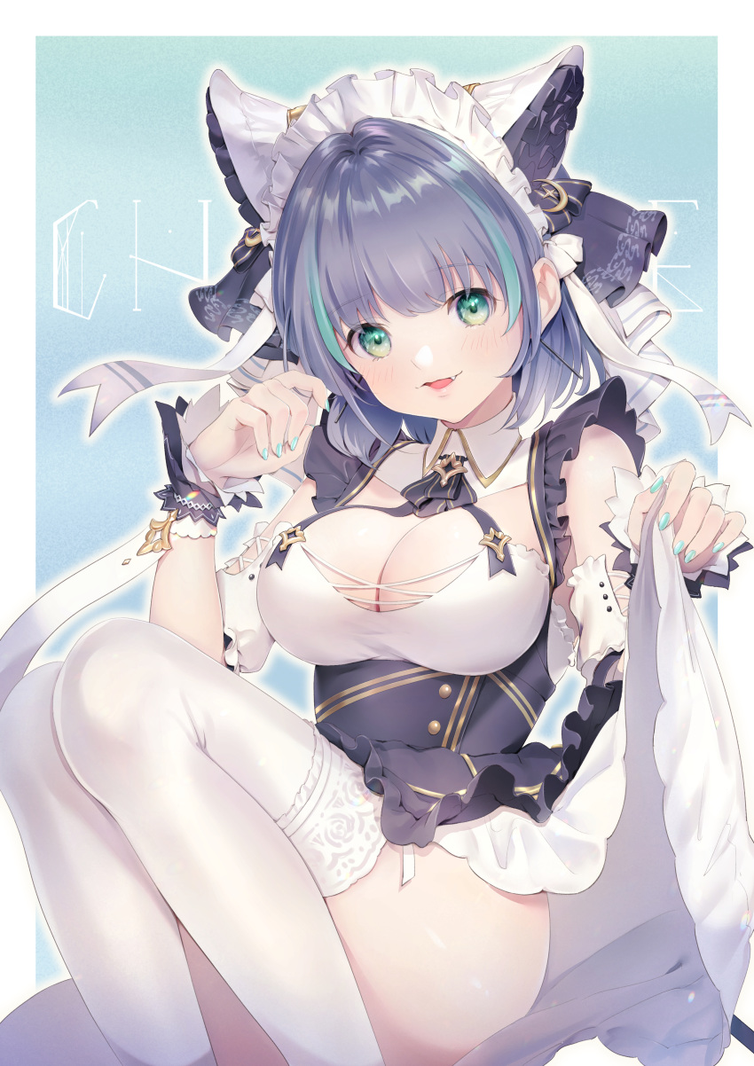 1girl absurdres animal_ears aqua_eyes arm_garter ass azur_lane blue_background border breasts cheshire_(azur_lane) cleavage detached_sleeves fake_animal_ears fang fangs frilled_hairband frilled_headband frilled_ribbon frills garter_straps hairband highres huge_filesize large_breasts ldarinl leg_garter long_ribbon looking_at_viewer maid_headdress medium_hair multicolored_hair puffy_detached_sleeves puffy_sleeves purple_apron ribbon sitting skin_fang skin_fangs skirt_hold solo streaked_hair thighhighs tinted_eyewear white_border white_legwear wrist_cuffs