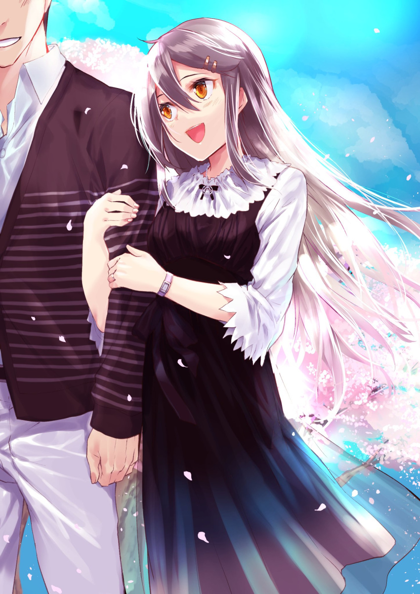 1boy 1girl :d alternate_costume black_dress brown_eyes cherry_blossoms commission dress grey_hair hair_ornament hairclip haruna_(kantai_collection) highres holding_hands kantai_collection kyougoku_touya long_hair looking_at_another open_mouth pants skeb_commission smile solo_focus striped striped_pants watch wristwatch