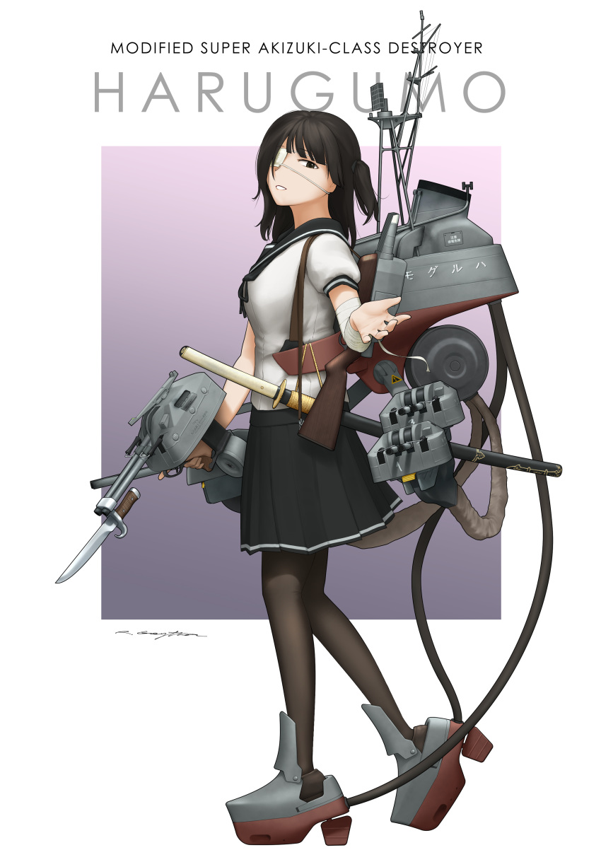 1girl absurdres bandaged_arm bandages bayonet black_eyes black_hair black_legwear black_skirt cannon character_name commission english_commentary eyepatch from_side full_body grey_background grin harugumo_(ryan_greythorn) highres katana looking_at_viewer one_side_up original pantyhose personification pleated_skirt rigging ryan_greythorn sailor_collar school_uniform serafuku sheath sheathed signature skirt smile solo standing sword turret weapon white_background world_of_warships