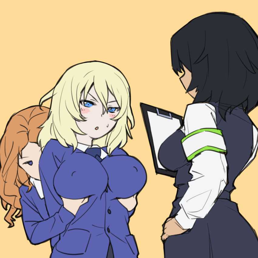 3girls andou_(girls_und_panzer) bangs bc_freedom_school_uniform black_hair blonde_hair breast_press clipboard dark_skin dress_shirt girls_und_panzer girls_und_panzer_saishuushou highres isabe_(girls_und_panzer) long_hair long_sleeves medium_hair messy_hair multiple_girls onsen_tamago_(hs_egg) open_mouth orange_background orange_hair oshida_(girls_und_panzer) school_uniform shirt smile sweat wavy_hair