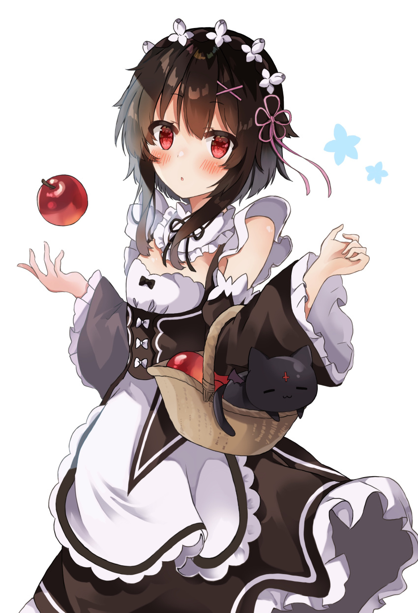 1girl :o absurdres apple apron bangs basket black_bow black_ribbon blush bow breasts brown_dress brown_hair cat chomusuke collar commentary_request cosplay detached_collar detached_sleeves dress eyebrows_visible_through_hair flat_chest food frilled_collar frilled_dress frilled_sleeves frills fruit hair_ornament hair_ribbon hands_up highres holding kono_subarashii_sekai_ni_shukufuku_wo! long_sleeves looking_at_viewer maid maid_apron maid_headdress megumin neck_ribbon open_mouth pink_ribbon red_apple red_eyes rem_(re:zero) rem_(re:zero)_(cosplay) ribbon roswaal_mansion_maid_uniform short_hair simple_background white_apron white_background white_bow wide_sleeves x_hair_ornament yuno_(suke_yuno)