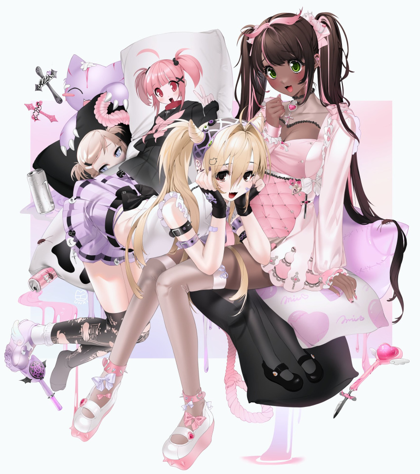 2girls ahoge all_seeing_eye angel_wings ankle_strap antenna_hair armband artist_name bandaid bandaid_on_cheek bat_wings black_bow black_legwear black_nails black_serafuku blush body_pillow bow breasts brown_eyes brown_hair buckle bug character_name cleavage_cutout clothing_cutout cockroach collar collarbone collared_shirt cross dark_skin double_bun dress ear_piercing eyeball eyebrows_visible_through_hair fang fingerless_gloves flower frilled_sleeves frills glitter gloves gradient gradient_background green_eyes hair_between_eyes hair_bow hair_horns hair_intakes hair_ornament hairband hand_rest hand_to_own_mouth heart highres hime_cut insect lace light_blue_eyes light_brown_hair lilith_(unxi) lilith_cat_(unxi) lolita_hairband long_hair long_sleeves mary_janes miu_(unxi) mole mole_under_eye monster_energy multicolored_hair multiple_girls nail_art necktie noose on_person original pearl_(gemstone) piercing pillow pink_bow pink_dress pink_flower pink_hair pink_nails pink_neckwear pink_rose purple_bow purple_footwear purple_neckwear purple_ribbon purple_skirt red_collar red_eyes ribbon rose school_uniform serafuku shirt shoes simple_background single_shoe sitting skin_fang skirt sleeveless smile spikes spill streaked_hair torn_clothes torn_legwear twintails two_side_up unxi v veinte very_long_hair wand white_flower white_footwear white_legwear white_rose white_shirt winged_footwear wings x_hair_ornament