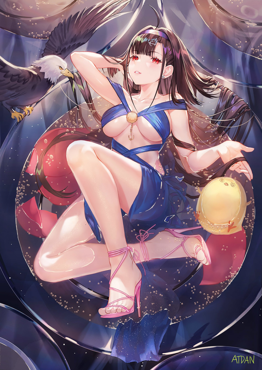 1girl ahoge arm_up atdan azur_lane bare_legs bare_shoulders bird black_hair blue_dress breasts chick collarbone dress eagle earrings feet hair_ornament hairband high_heels highres independence_(azur_lane) independence_(the_independent_line)_(azur_lane) jewelry large_breasts long_hair looking_at_viewer manjuu_(azur_lane) parted_lips red_eyes revealing_clothes sandals sleeveless sleeveless_dress solo thighs water