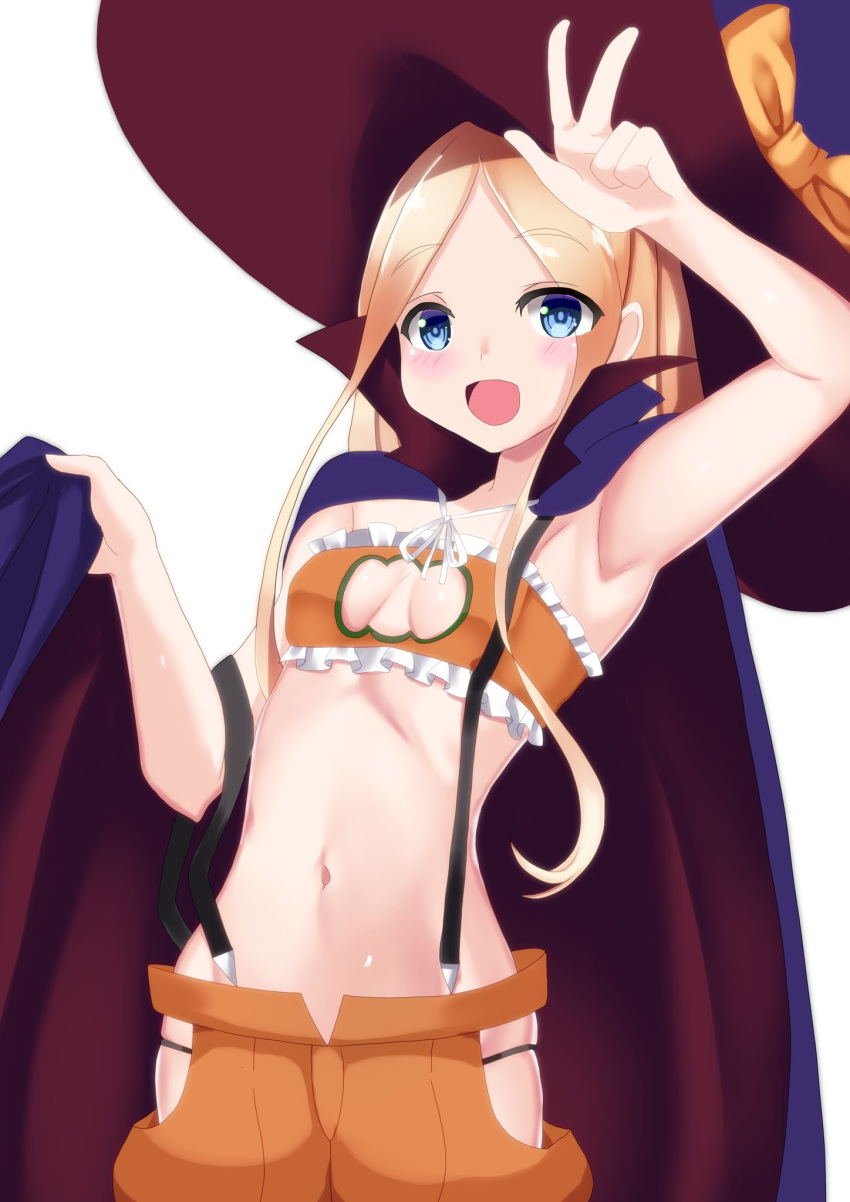 1girl abigail_williams_(fate/grand_order) bandeau bangs black_bow blonde_hair blue_cape blue_eyes blue_headwear blush bow breasts cape fate/grand_order fate_(series) forehead hair_bow halloween_costume hat highres hip_vent long_hair looking_at_viewer multicolored multicolored_cape multicolored_clothes multiple_bows navel open_mouth orange_bow orange_pants parted_bangs popped_collar red_cape shinonome_harutoro sidelocks simple_background small_breasts smile suspenders white_background witch_hat