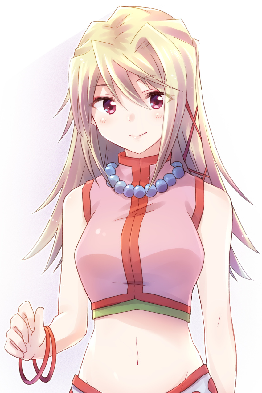 1girl absurdres bangle bead_necklace beads bracelet breasts funada_kathleen gibiate hair_between_eyes hair_ribbon highres jewelry long_hair looking_at_viewer midriff navel necklace nyaa_(nnekoron) red_eyes ribbon simple_background sleeveless small_breasts smile solo standing white_background