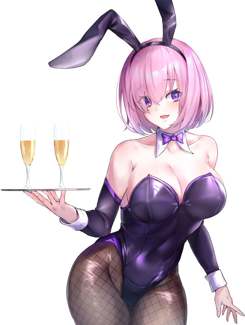 1girl absurdres alcohol animal_ears bare_shoulders black_legwear bow bowtie breasts bunny_ears champagne champagne_flute cleavage collarbone commentary_request covered_navel cup detached_collar drinking_glass eyebrows_visible_through_hair eyes_visible_through_hair fate/grand_order fate_(series) fishnet_legwear fishnets hair_over_one_eye highres large_breasts m.tokotsu mash_kyrielight open_mouth pantyhose pink_hair playboy_bunny purple_eyes purple_neckwear short_hair simple_background smile solo white_background