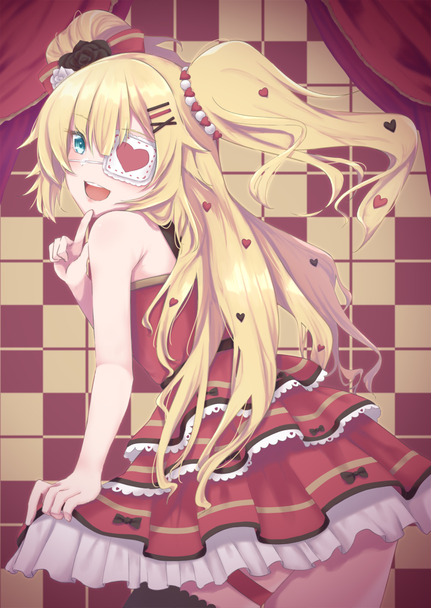 1girl :d akai_haato bandages black_legwear blonde_hair blue_eyes bow checkered checkered_background curtains dress eyepatch finger_to_mouth hair_bow highres hololive ichi-go long_hair open_mouth single_thighhigh skindentation sleeveless smile thigh_strap thighhighs twintails virtual_youtuber