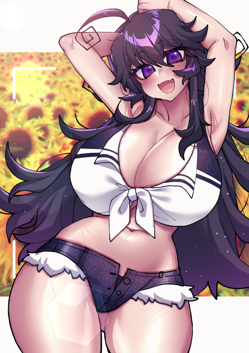 1girl absurdres arms_behind_head black_hair breasts cleavage eyebrows_visible_through_hair flower highres huge_breasts long_hair looking_at_viewer nyarla_(osiimi) open_fly original osiimi pose purple_eyes revealing_clothes shirt short_shorts shorts standing sunflower thighs tied_shirt