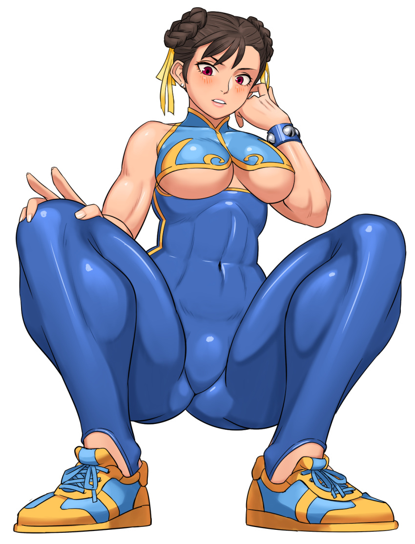 1girl abs adapted_costume alternate_eye_color biceps blue_leotard blush breasts brown_hair chun-li clothing_cutout covered_navel double_bun earrings fat_mons fingernails full_body highres jewelry large_breasts leotard lips looking_at_viewer muscle muscular_female no_bra official_alternate_costume parted_lips red_eyes shigenobu shoes short_hair skin_tight sneakers solo squatting street_fighter street_fighter_zero_(series) stud_earrings studded_bracelet thick_thighs thighs underboob underboob_cutout v white_background yellow_footwear