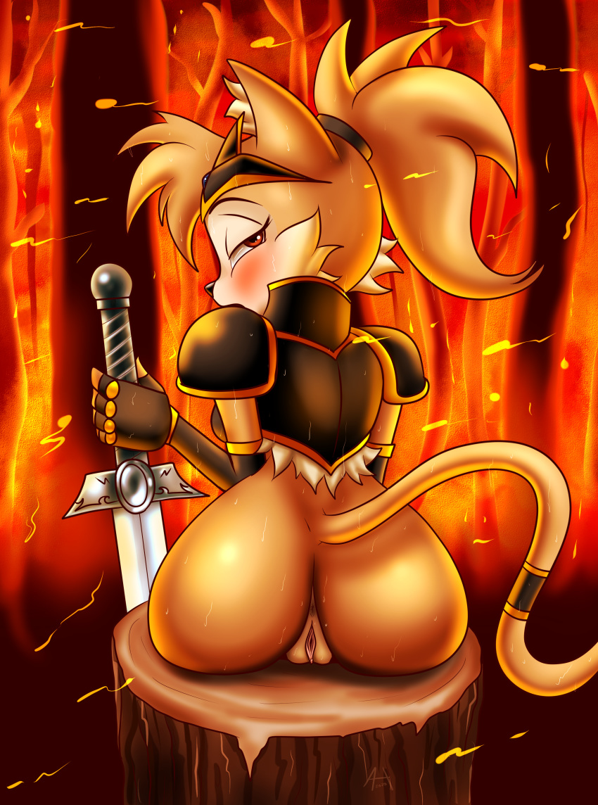 absurd_res andersonicth anthro anus big_breasts blush bodily_fluids bottomless breasts clothed clothing domestic_cat felid feline felis female genitals hi_res holding_object holding_sword holding_weapon looking_back mammal melee_weapon pussy solo sweat sword weapon wide_hips