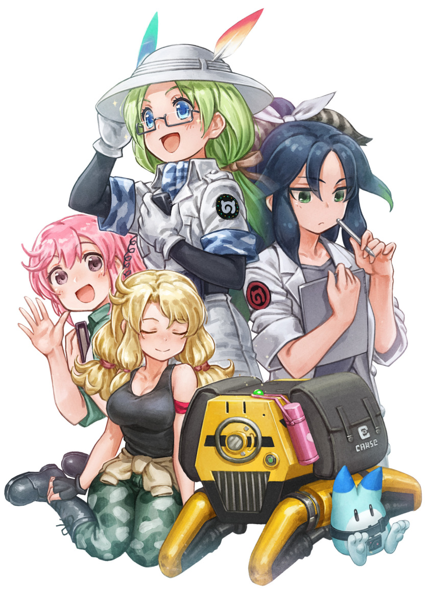 4girls armband black_footwear black_shirt black_sleeves blonde_hair blue_eyes blue_hair blush boots calenda_(kemono_friends) camouflage camouflage_pants camouflage_trim clipboard closed_eyes coat commentary_request eyebrows_visible_through_hair feathers flicky_(kemono_friends) glasses gloves green_eyes green_hair grey_skirt hair_feathers hair_tie hand_on_headwear helmet highres kako_(kemono_friends) kemono_friends kemono_friends_3 khakis labcoat lain long_hair looking_at_viewer lucky_beast_(kemono_friends) mirai_(kemono_friends) multiple_girls nana_(kemono_friends) pants pink_hair pith_helmet purple_eyes robot shirt short_hair sitting skirt sleeveless tank_top uniform waving white_coat white_gloves