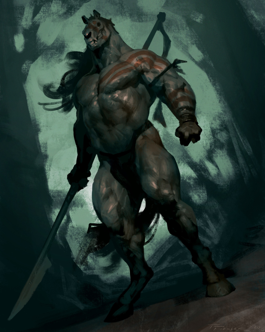 2020 absurd_res anthro biceps clothed clothing digital_media_(artwork) equid equine hair hi_res holding_object holding_spear holding_weapon horse loincloth long_hair male mammal markings melee_weapon muscular muscular_anthro muscular_male pecs polearm skull_head solo spear standing taran_fiddler teeth topless vein weapon