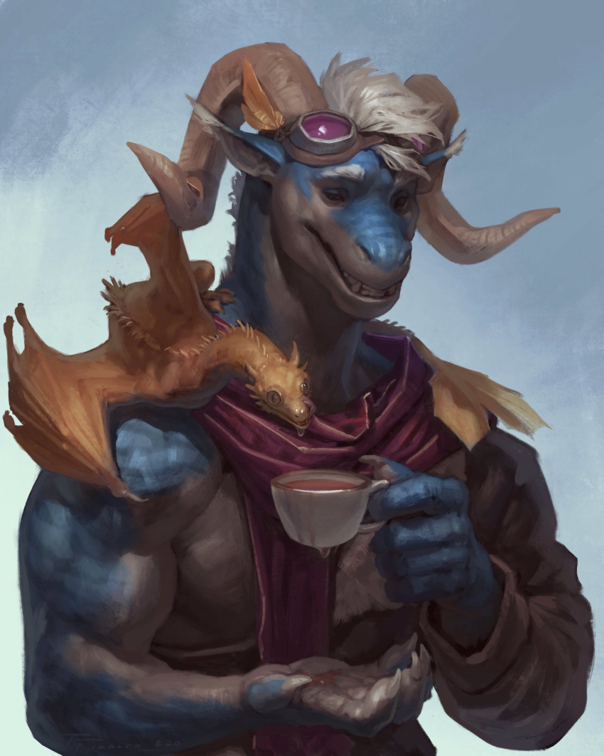 2020 5_fingers anthro biceps blue_body claws clothed clothing cup curled_horn digital_media_(artwork) dragon drinking duo eyewear feral fingers goggles hair hi_res holding_cup holding_object horn larger_male male muscular muscular_anthro muscular_male open_mouth pupils reileigh scales scalie scarf sharp_teeth simple_background size_difference slit_pupils taran_fiddler teeth tongue tongue_out white_hair wings