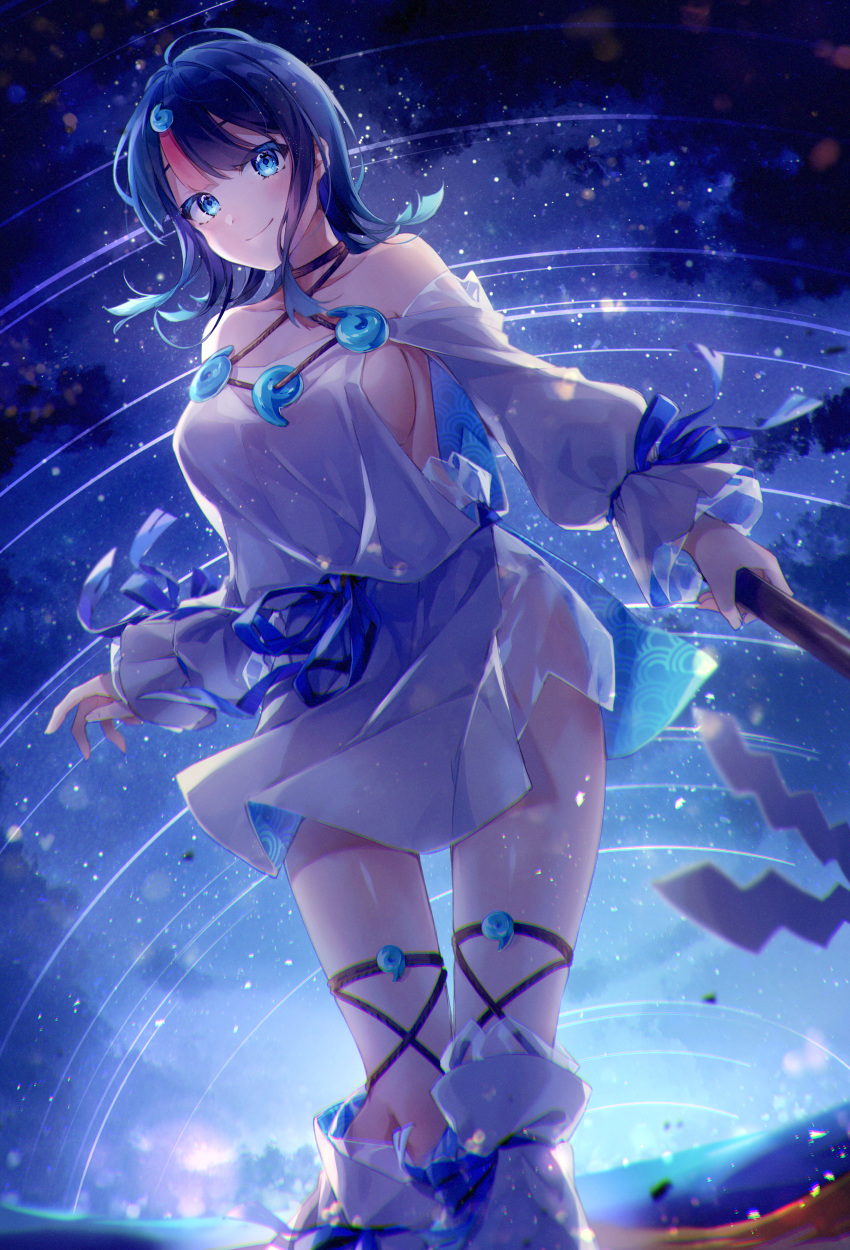 1girl absurdres backlighting bangs bare_shoulders black_hair blue_eyes blue_ribbon blush breasts collarbone detached_leggings dress fate/grand_order fate/requiem fate_(series) fundoshi highres huge_filesize imoko_hyp japanese_clothes jewelry large_breasts long_sleeves looking_at_viewer magatama magatama_hair_ornament medium_breasts multicolored_hair necklace night night_sky pelvic_curtain pink_hair polearm puffy_long_sleeves puffy_sleeves ribbon ripples short_dress sideboob sideless_outfit sky smile spear star_(sky) starry_sky streaked_hair thighs utsumi_erise weapon white_dress white_legwear