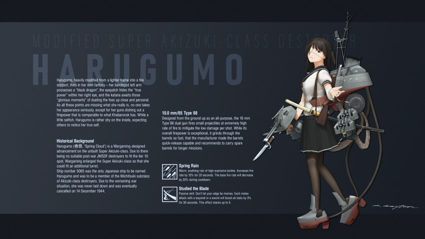 1girl absurdres bandaged_arm bandages bayonet black_eyes black_hair black_legwear black_skirt cannon character_name character_profile commission english_commentary eyepatch from_side full_body grey_background grin harugumo_(ryan_greythorn) highres katana looking_at_viewer one_side_up original pantyhose personification pleated_skirt rigging ryan_greythorn sailor_collar school_uniform serafuku sheath sheathed signature skirt smile solo standing sword turret weapon world_of_warships
