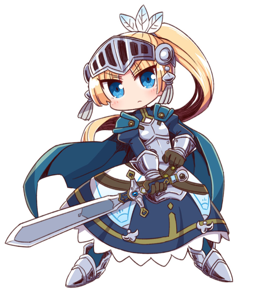 1girl armor armored_boots armored_dress bangs black_gloves blonde_hair blue_cape blue_dress blue_eyes blush boots breastplate cape chibi closed_mouth commentary_request dress eyebrows_visible_through_hair feathers forte_(rune_factory) full_body gloves hair_feathers high_ponytail highres holding holding_sword holding_weapon juliet_sleeves long_hair long_sleeves looking_at_viewer naga_u parted_bangs ponytail puffy_sleeves rune_factory rune_factory_4 simple_background solo standing sword v-shaped_eyebrows vambraces very_long_hair visor_(armor) weapon white_background white_feathers