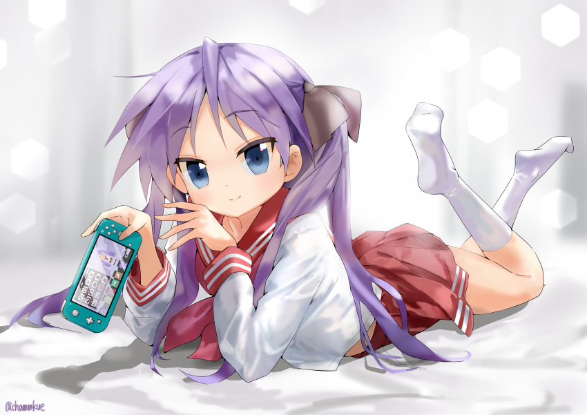 1girl absurdres brown_ribbon chamu_(chammkue) closed_mouth eyebrows_visible_through_hair hair_ribbon handheld_game_console highres hiiragi_kagami inkling kneehighs long_hair looking_at_viewer lucky_star lying miniskirt neckerchief nintendo_switch no_shoes on_stomach pink_neckwear pleated_skirt red_sailor_collar red_skirt ribbon ryouou_school_uniform sailor_collar school_uniform serafuku shadow shirt skirt smile solo splatoon_(series) splatoon_2 star_(symbol) tsurime twintails twitter_username white_background white_legwear white_shirt