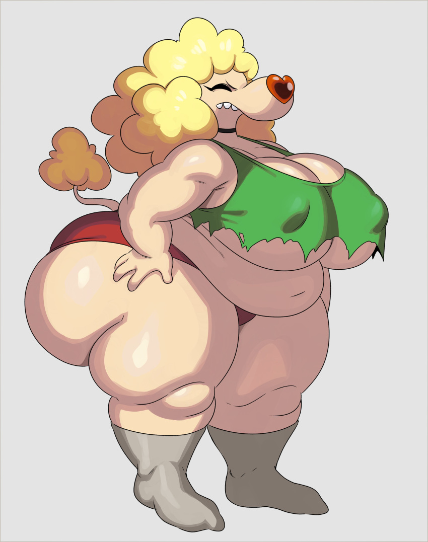 absurd_res anthro belly big_belly big_breasts big_butt blonde_hair breasts butt canid canine canis catdog_(series) curvy_figure domestic_dog eyes_closed female hair hand_on_hip hi_res huge_breasts huge_butt mammal navel nickelodeon obese obese_anthro obese_female overweight overweight_anthro overweight_female poodle shriek_dubois solo sssonic2 teeth thick_thighs under_boob voluptuous wide_hips