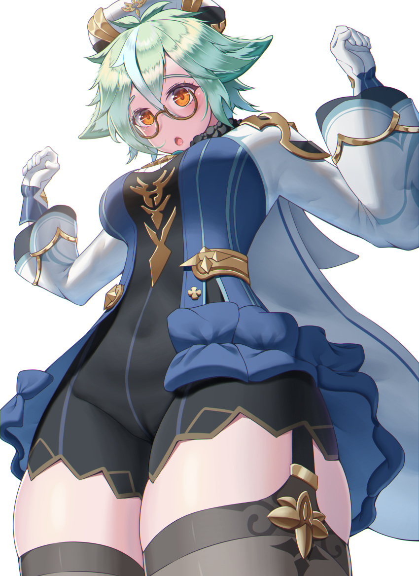 1girl :o absurdres animal_ears arms_up beret blue_dress blush breasts cameltoe cat_ears cat_girl dress genshin_impact glasses gloves gold_trim green_hair hat highres himeliofon long_sleeves looking_at_viewer multicolored_hair open_mouth orange_eyes semi-rimless_eyewear simple_background solo sucrose_(genshin_impact) thighhighs thighs vision_(genshin_impact) white_background