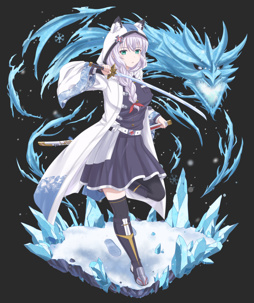1girl absurdres animal_ears belt black_background black_legwear blue_dress boots braid breasts character_request commentary dragon dress fangs filigree footprints fox_ears fur-trimmed_collar gardavwar glowing_mouth green_eyes hair_over_shoulder hair_ribbon highres holding holding_sheath holding_sword holding_weapon ice katana kimetsu_no_yaiba knee_boots large_breasts long_hair looking_at_viewer magic maltese_cross monster open_clothes open_robe ribbon robe sheath snout snow snow_print snowflakes solo sword thighhighs tress_ribbon weapon white_hair white_robe