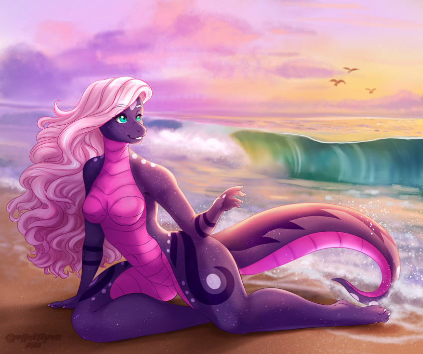 ambient_bird anthro avian beach big_tail bird breasts countershading featureless_breasts featureless_crotch female feral hair liatris long_hair long_tail markings multicolored_body multicolored_scales non-mammal_breasts nude on_sand pink_hair purple_body purple_scales reptile scales scalie seaside sitting snake solo spots spottedtigress sunset thick_tail water wave wavy_hair