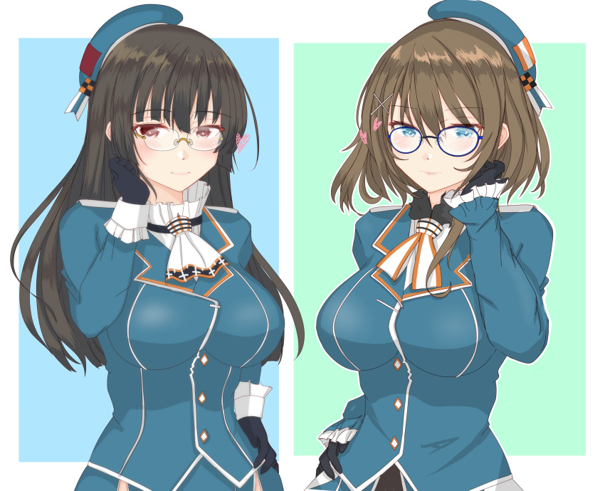 2girls absurdres atago_(kantai_collection) atago_(kantai_collection)_(cosplay) beret breasts brown_hair choukai_(kantai_collection) cosplay glasses hat highres kantai_collection large_breasts light_brown_hair long_hair maya_(kantai_collection) multiple_girls nitamago_(sakamalh) takao_(kantai_collection) takao_(kantai_collection)_(cosplay)