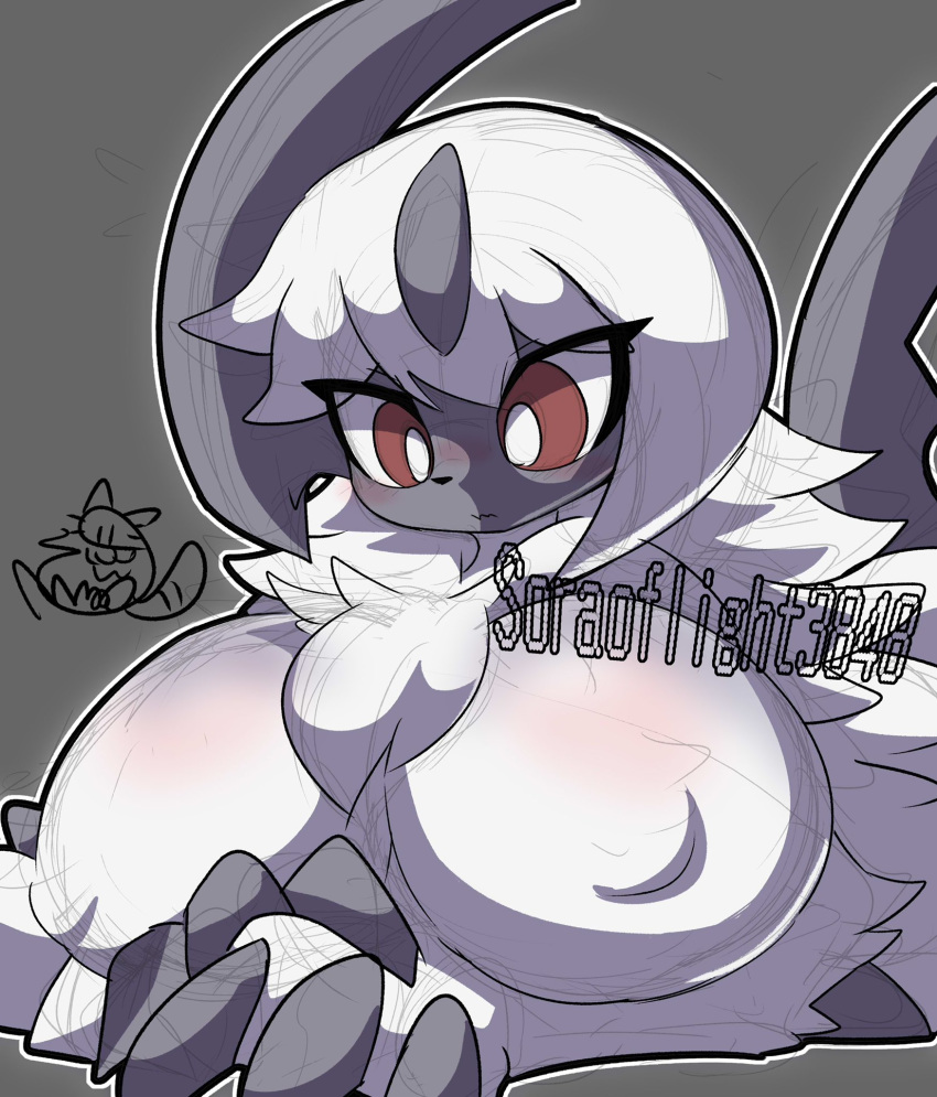 absol black_nose chest_tuft claws covered_nipples english_text eyelashes female fur grey_background hi_res horn looking_at_breasts lying nintendo nyaswitchnya pok&eacute;mon pok&eacute;mon_(species) red_eyes simple_background solo text tuft video_games white_body white_fur