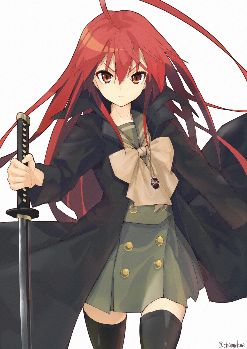 1girl absurdres bangs black_coat black_legwear bow chamu_(chammkue) coat green_sailor_collar green_shirt green_skirt hair_between_eyes highres holding holding_sword holding_weapon huge_filesize katana light_frown long_sleeves looking_at_viewer miniskirt open_clothes open_coat red_eyes red_hair sailor_collar shakugan_no_shana shana shirt simple_background skirt solo sword thighhighs twitter_username v-shaped_eyebrows weapon white_background yellow_bow zettai_ryouiki