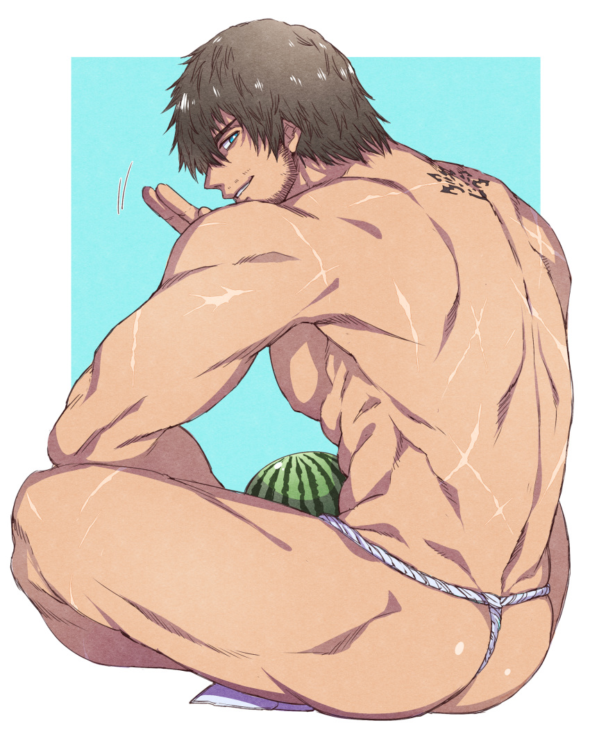 1boy abs absurdres adventurer_(ff14) ass back bara chest crossed_legs facial_hair final_fantasy final_fantasy_xiv food fruit fundoshi highres japanese_clothes looking_at_viewer looking_back male_focus medium_hair muscle nipples solo stubble thick_thighs thighs two-tone_background underwear underwear_only watermelon waving zanki