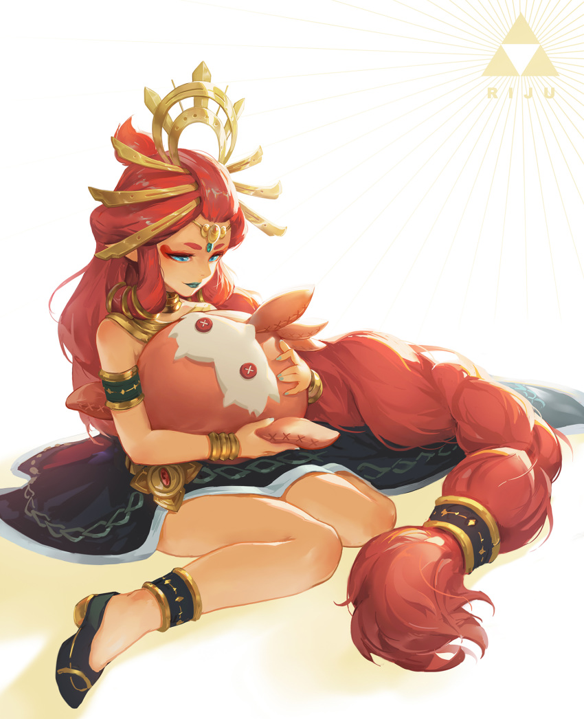 ace86 blue_eyes blue_lips blue_lipstick braid braided_ponytail character_name eyeshadow gerudo highres jewelry lipstick long_hair makeup neck_ring red_hair riju sitting stuffed_toy the_legend_of_zelda the_legend_of_zelda:_breath_of_the_wild thick_eyebrows triforce very_long_hair