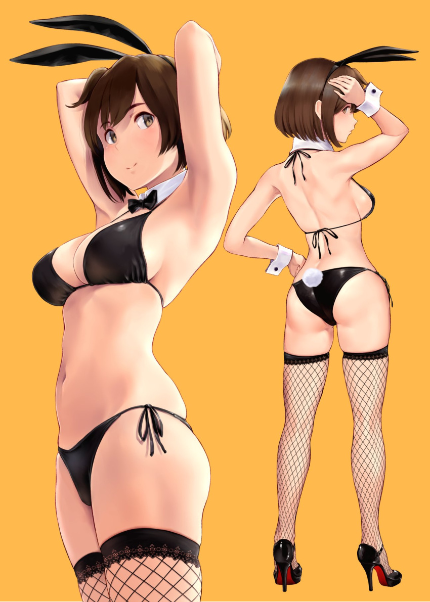 1girl animal_ears armpits arms_up bare_shoulders bikini black_bikini black_footwear breasts brown_eyes brown_hair bunny_ears bunny_tail closed_mouth fake_animal_ears fake_tail hairband high_heels highres hiryuu_(kantai_collection) kantai_collection large_breasts multiple_views navel one_side_up orange_background short_hair side-tie_bikini side_ponytail simple_background skindentation smile stomach swimsuit tail thighs wa_(genryusui) wrist_cuffs