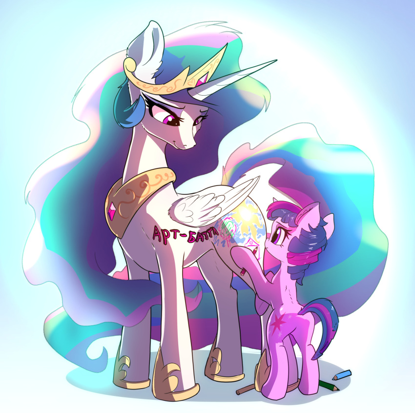 aged_down color_pencil crown cutie_mark equid equine feathered_wings feathers friendship_is_magic gem hair half-closed_eyes hasbro hi_res horn jewelry long_hair looking_down mammal multicolored_hair my_little_pony narrowed_eyes princess_celestia_(mlp) purple_body purple_eyes twilight_sparkle_(mlp) unicorn winged_unicorn wings xbi young