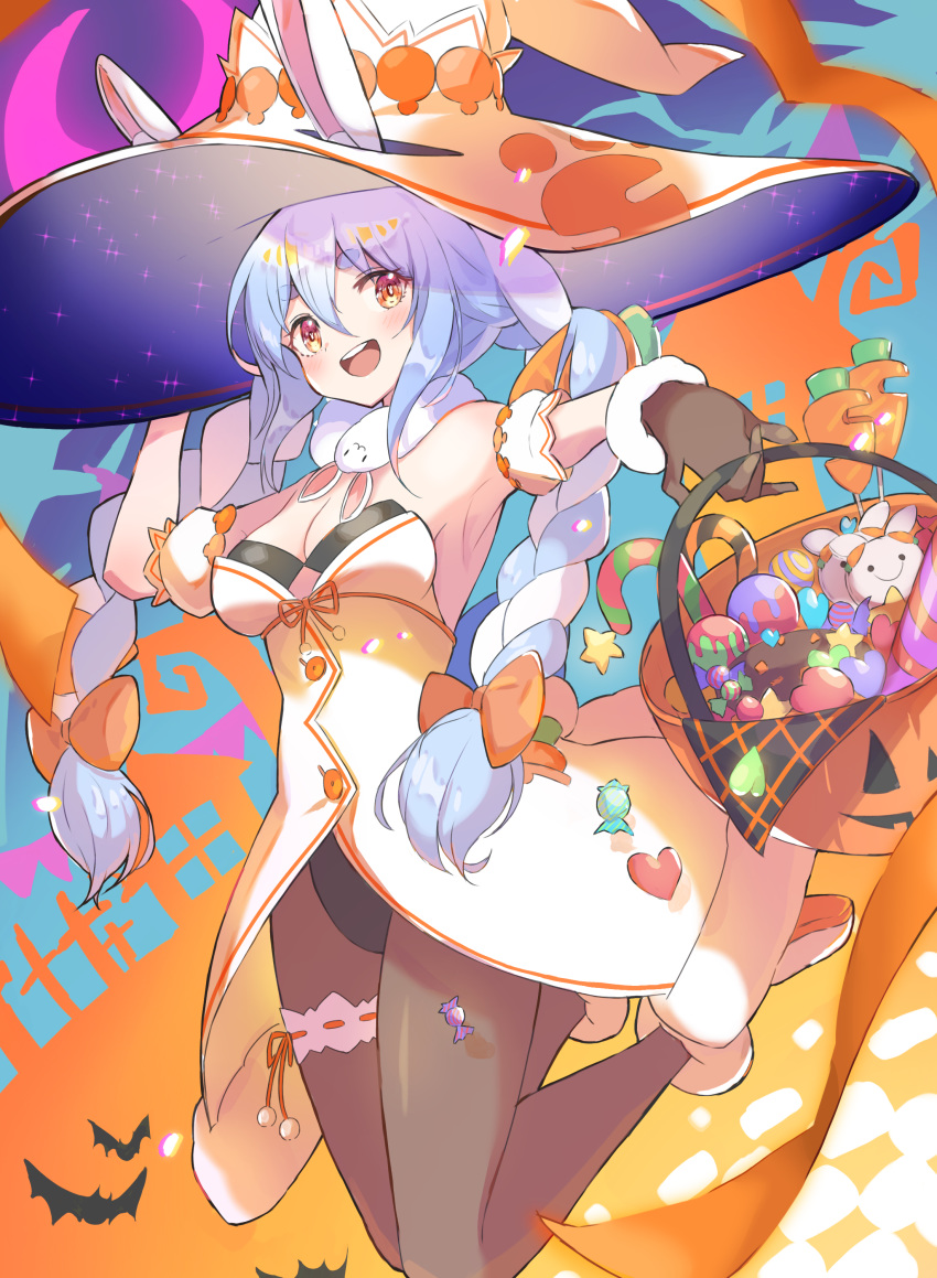 1girl 1other absurdres alternate_color animal_ear_fluff animal_ears armpits bangs bare_shoulders bat black_gloves black_legwear black_leotard blue_hair bow braid breasts bunny_ears buttons candy candy_cane carrot carrot_hair_ornament cleavage coat commentary_request don-chan_(usada_pekora) dress ears_through_headwear eyebrows_visible_through_hair food food_themed_hair_ornament full_body fur-trimmed_coat fur-trimmed_gloves fur_trim furuki_ayaginutaira gloves hair_between_eyes hair_bow hair_ornament halloween halloween_bucket hat heart highres holding hololive jumping leg_garter leotard lollipop long_hair looking_at_viewer low-tied_long_hair medium_breasts multicolored_hair open_mouth orange_bow orange_eyes pom_pom_(clothes) print_headwear ribbon-trimmed_garter short_eyebrows sidelocks smile solo_focus sparkle striped symbol_in_eye thick_eyebrows thigh_strap thighhighs twin_braids two-tone_hair usada_pekora virtual_youtuber white_coat white_footwear white_hair witch_hat