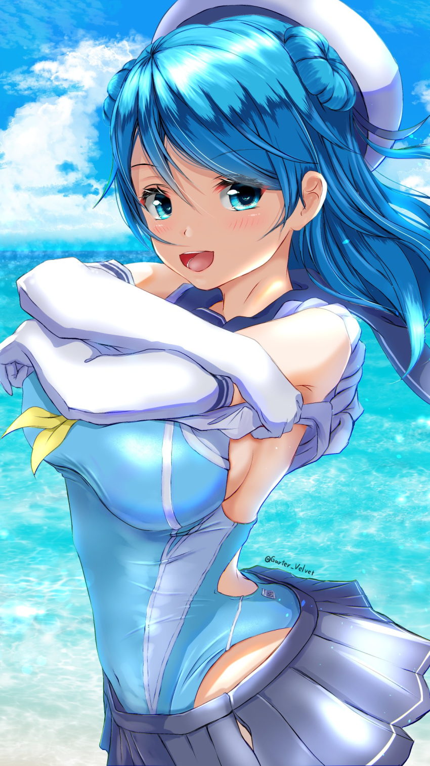 1girl blue_eyes blue_hair blue_sky blue_swimsuit breasts cloud competition_swimsuit cowboy_shot day double_bun elbow_gloves garter-velvet gloves grey_skirt hat highres horizon kantai_collection large_breasts neckerchief ocean one-piece_swimsuit outdoors pleated_skirt sailor_hat school_uniform serafuku shirt_lift skirt sky sleeves_rolled_up solo standing swimsuit undressing urakaze_(kantai_collection) white_headwear yellow_neckwear