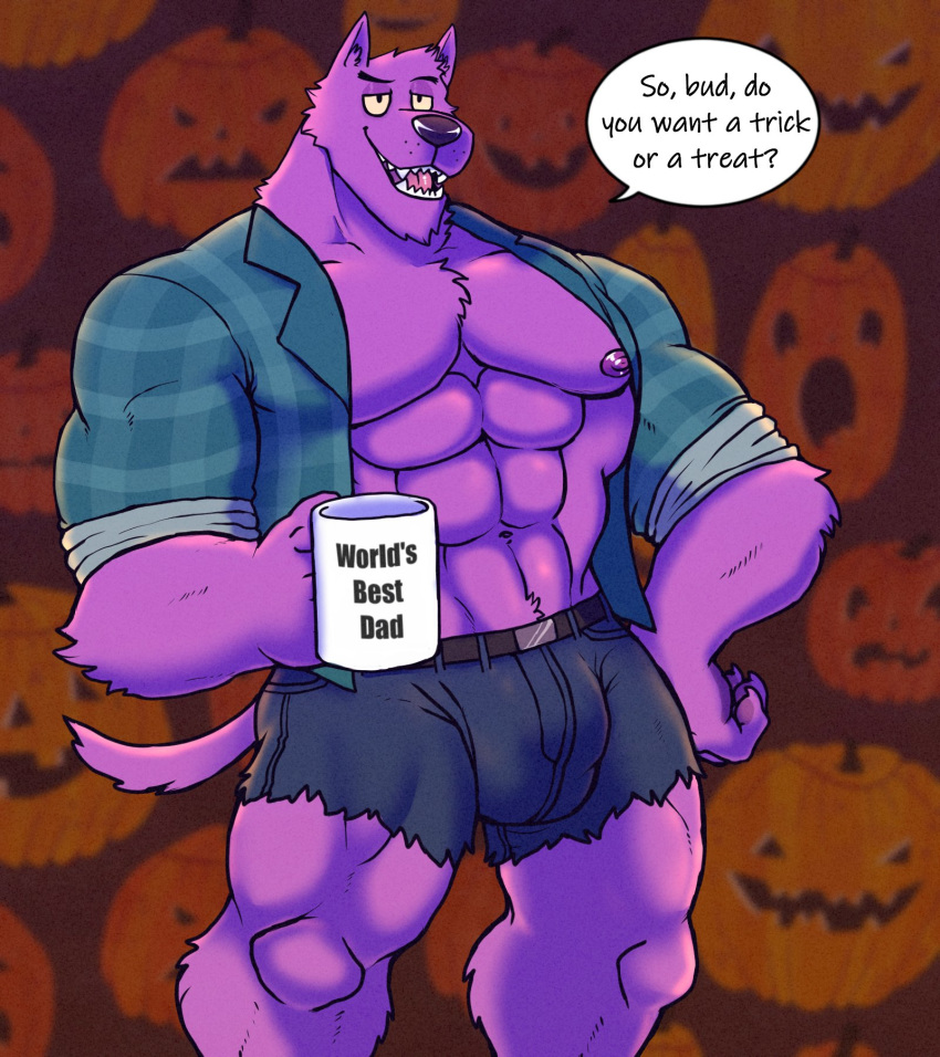 abs anthro bernard_(ok_k.o.!_lbh) bottomwear bulge canid canine canis cartoon_network clothing coffee_mug english_text food fruit fur halloween hi_res holidays hyenaface jack-o'-lantern male mammal muscular muscular_male nipples ok_k.o.!_let's_be_heroes pecs plant pumpkin purple_body purple_fur shorts smile text were werecanid werecanine werewolf wolf yellow_sclera