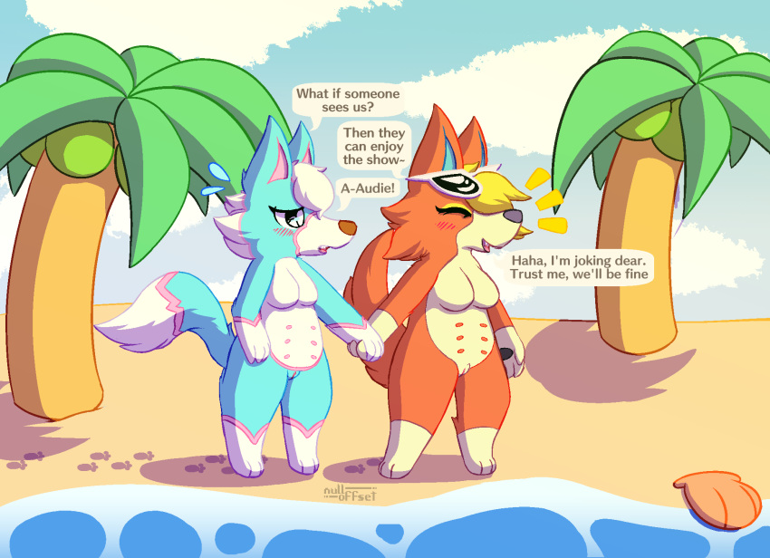 2020 animal_crossing anthro artist_name audie_(animal_crossing) beach blonde_hair blue_body blue_fur breasts canid canine canis cloud dialogue duo english_text enhibitionism excited eyeliner eyewear eyewear_on_head featureless_breasts female footprint fur genitals hair hand_holding hi_res makeup mammal mostly_nude multi_nipple multicolored_body multicolored_fur nintendo nipples nude nulloffset orange_body orange_fur outside palm_tree pawprint pussy seashell seaside shell simple_background sky skye_(animal_crossing) smile social_nudity speech_bubble sunglasses sunglasses_on_head text tree video_games water white_body white_fur white_hair wolf worried