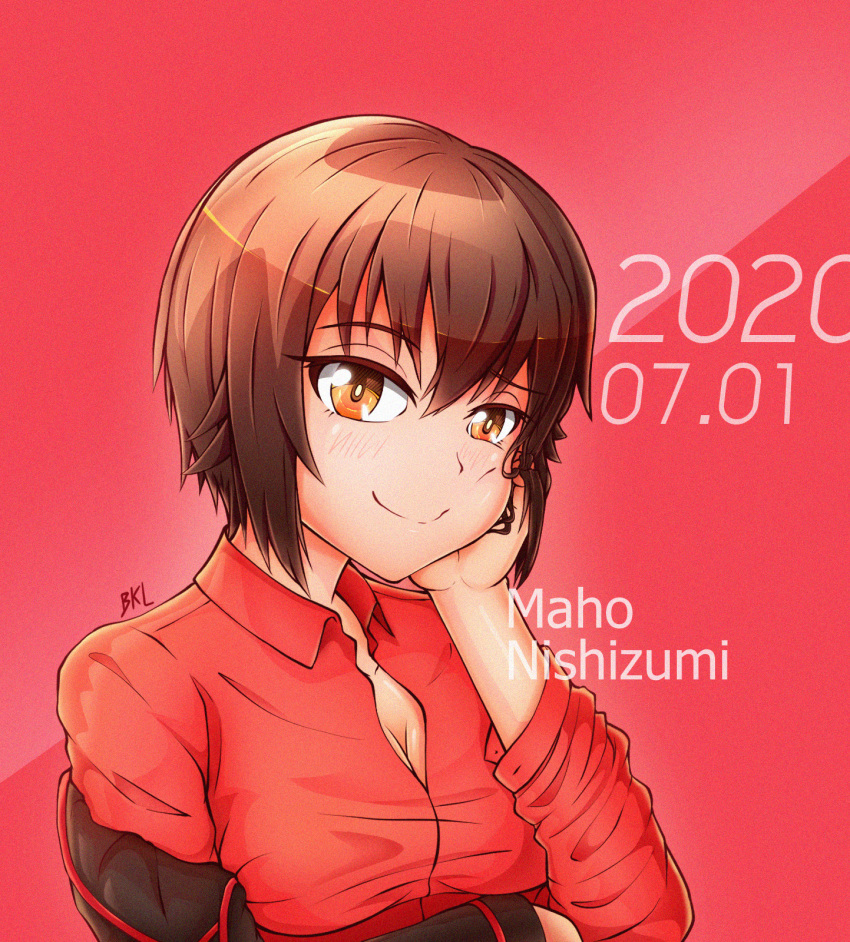 1girl artist_name bangkaelle bangs black_jacket breasts brown_eyes brown_hair character_name chin_rest cleavage closed_mouth commentary dated dress_shirt eyebrows_visible_through_hair girls_und_panzer half-closed_eyes highres jacket kuromorimine_military_uniform long_sleeves looking_at_viewer medium_breasts military military_uniform nishizumi_maho off_shoulder portrait red_background red_shirt red_theme shirt short_hair signature smile solo texture uniform wing_collar