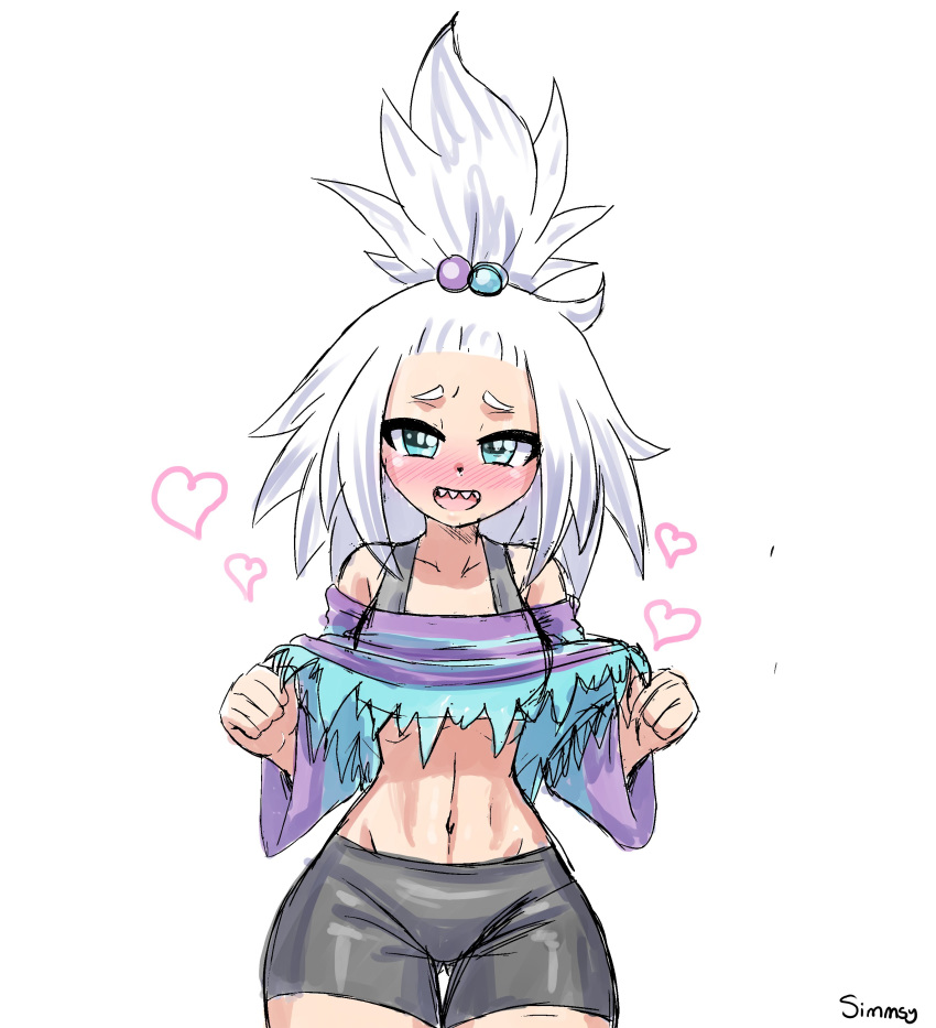 1girl absurdres bike_shorts blush bra_strap commission dress dress_lift gym_leader heart highres lifted_by_self midriff pokemon pokemon_(game) pokemon_bw2 roxie_(pokemon) sharp_teeth simmsyfart solo stomach striped striped_dress teeth thighs topknot white_hair