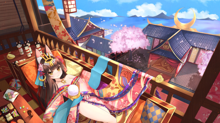 1girl animal_ears architecture azur_lane bed black_hair blue_sky breasts cherry_blossoms cleavage cloud cloudy_sky collarbone commentary_request cup dango east_asian_architecture food fox_ears hair_ornament horizon island japanese_clothes jewelry kanzashi kimono long_hair long_sleeves looking_at_viewer lying manjuu_(azur_lane) mountain mountainous_horizon nagato_(azur_lane) nagato_(great_fox's_shiroshouzoku)_(azur_lane) nc731 necklace obentou obi ocean petals pillow sash sky small_breasts tea thighs wagashi wide_sleeves yellow_eyes yunomi