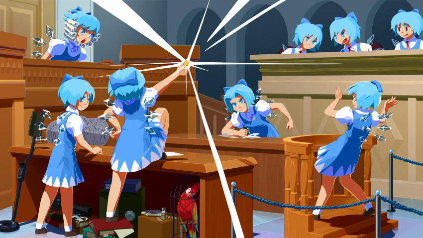 (9) 6+girls alternate_hairstyle antinoya arch bangs bird birdcage blouse blue_bow blue_dress blue_eyes blue_hair book bow box brown_footwear cage camera cirno closed_mouth coin courtroom cravat desk_slam dress english_commentary folder full_body gavel glint gyakuten_saiban hair_between_eyes hair_bow highres ice ice_wings kangaroo metal_detector multiple_girls open_mouth paper parody parrot pinafore_dress podium pole puffy_short_sleeves puffy_sleeves red_ribbon ribbon rope safe_(container) shiny shiny_hair shoes short_hair short_sleeves smile socks standing standing_on_desk surprised tile_floor tiles touhou upper_body vial white_blouse white_legwear white_neckwear wig wing_collar wings