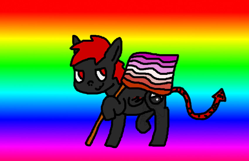 anthro chibi cute_face demon equid equine fan_character female female/female floppypony friendship_is_magic hasbro hi_res horse lesbian_pride_colors lgbt_history_month lgbt_pride mammal marching my_little_pony pony pride_colors rainbow rainbow_flag rainbow_pride_flag rainbow_symbol smile solo spade_tail walking