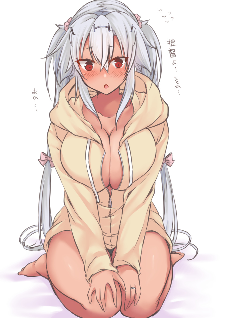 bare_legs blush breasts cleavage dark_skin graphite_(medium) highres hood hooded_jacket jacket jewelry kantai_collection large_breasts mashiro_yukiya millipen_(medium) musashi_(kantai_collection) platinum_blonde_hair pointy_hair red_eyes ring seiza sitting traditional_media two_side_up wedding_band yellow_jacket