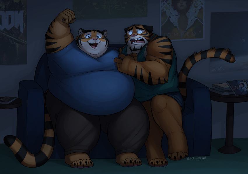 anthro arm_grab belly big_belly claws clothed clothing destiny_(video_game) detailed_background dewlap_(anatomy) doom_(series) double_chin duo felid fur furniture happy hi_res id_software inside male male/male mammal muscular muscular_anthro muscular_male obese obese_anthro obese_male open_mouth open_smile orange_body orange_fur overweight overweight_anthro overweight_male pantherine poster racesolar raised_arm scared sitting smile sofa striped_body striped_fur stripes teeth thick_thighs tiger toe_claws tongue video_games white_body white_fur