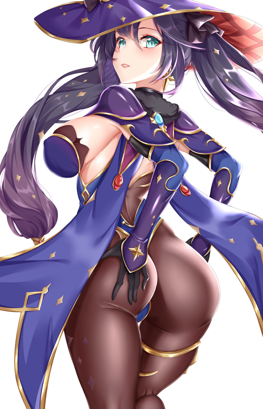 1girl absurdres aqua_eyes ass black_gloves black_legwear bodystocking bodysuit_under_clothes breasts cape earrings genshin_impact gloves hand_on_ass hat highres jewelry leotard looking_back mage mona_(genshin_impact) pantyhose purple_cape purple_leotard sakuraoo sideboob star_(symbol) star_earrings thighlet twintails witch_hat wizard_hat